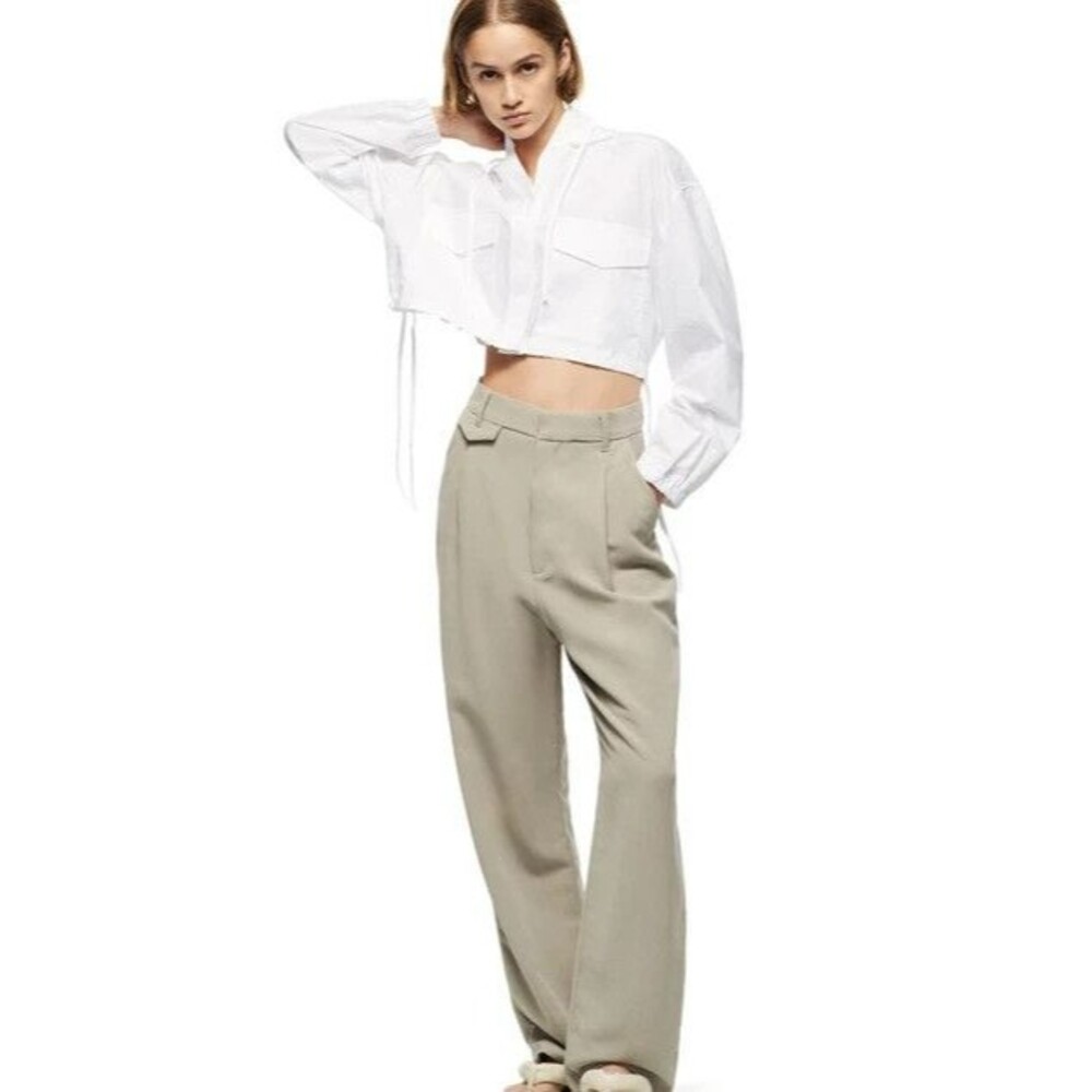 Zara High-Waisted Pleated Wide Leg‎ Trouser Pants Sage M Preppy Office Casual